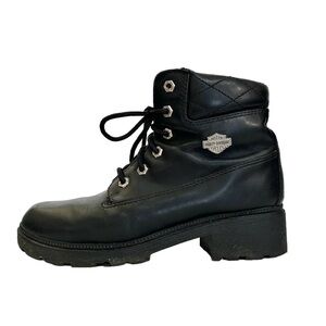 Harley Davidson Vintage 90s Black Leather Chunky Heel Lace Up Biker Boots Size 9